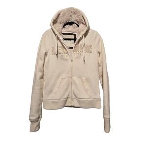 Vtg 90s Y2K Abercrombie Fitch NY AHoodie Womens L Ivory Sherpa Lined Patch Logo